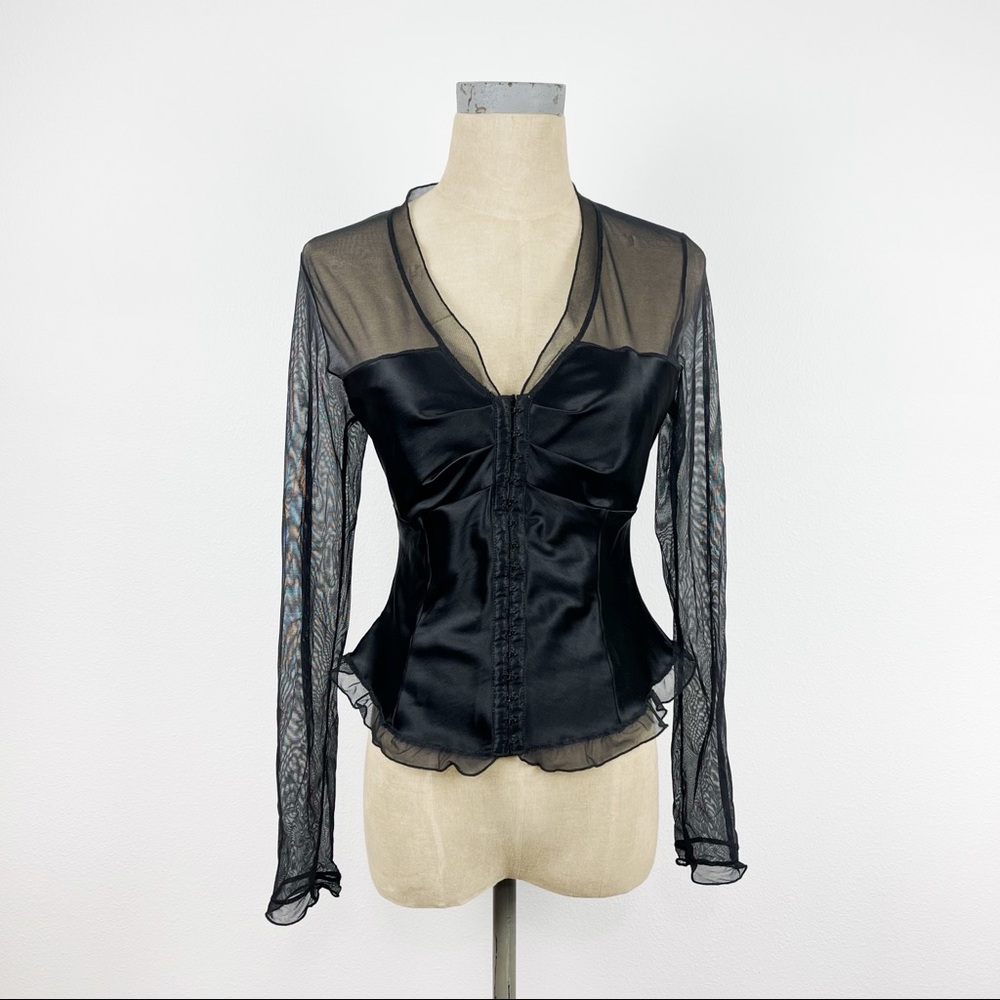 Papillon Blanc Black Long Sleeve Corset Sheer Top Medium